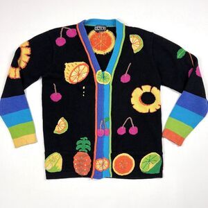 BEREK VTG 80s Embroidered Fruit Cardigan Hidden Buttons Eclectic Teacher Sm